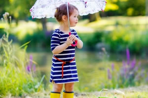 child with umbrella and wearing gumboots